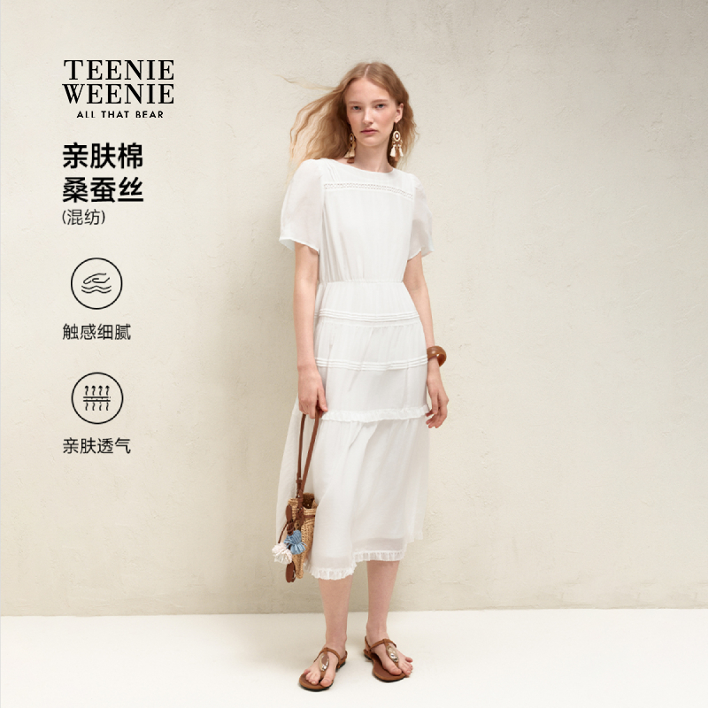 *【桑蚕丝】TeenieWeenie小熊女装夏新蕾丝短袖连衣裙TTOW2625CBA