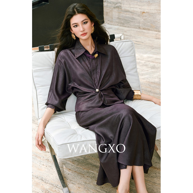 WANGXO  金属亮丝单面缎扭结衬衫套装250998W/250988W-1