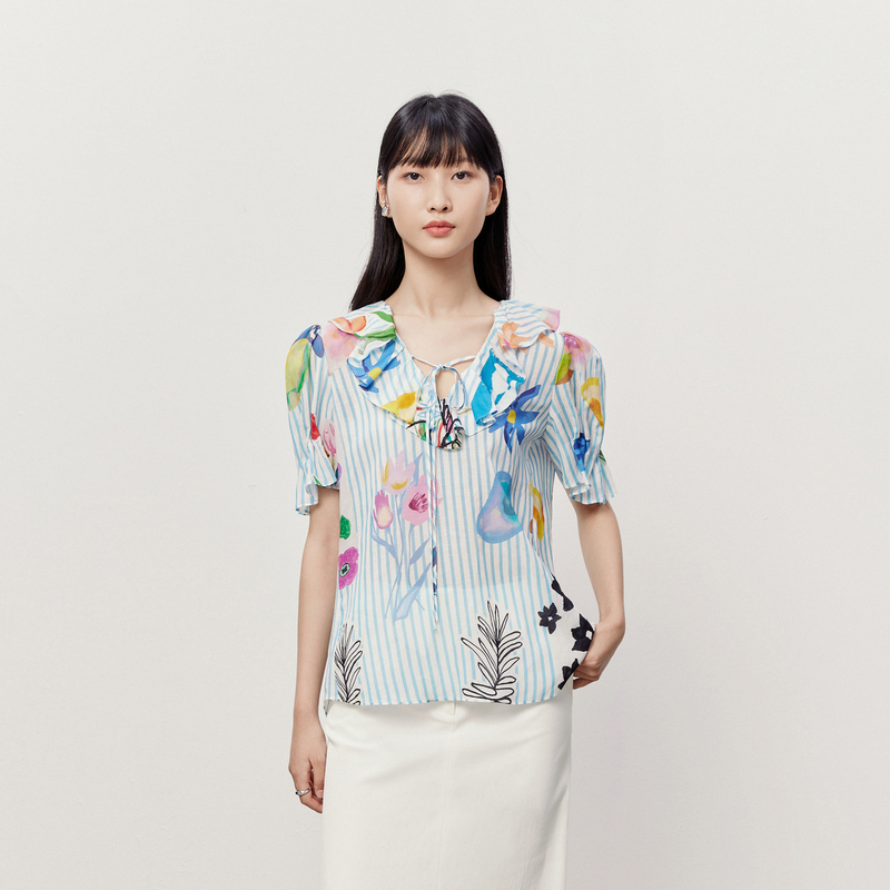 HPLY荷比俪23夏季新款女条纹印花花朵舒适系带上衣HRD24610192-1