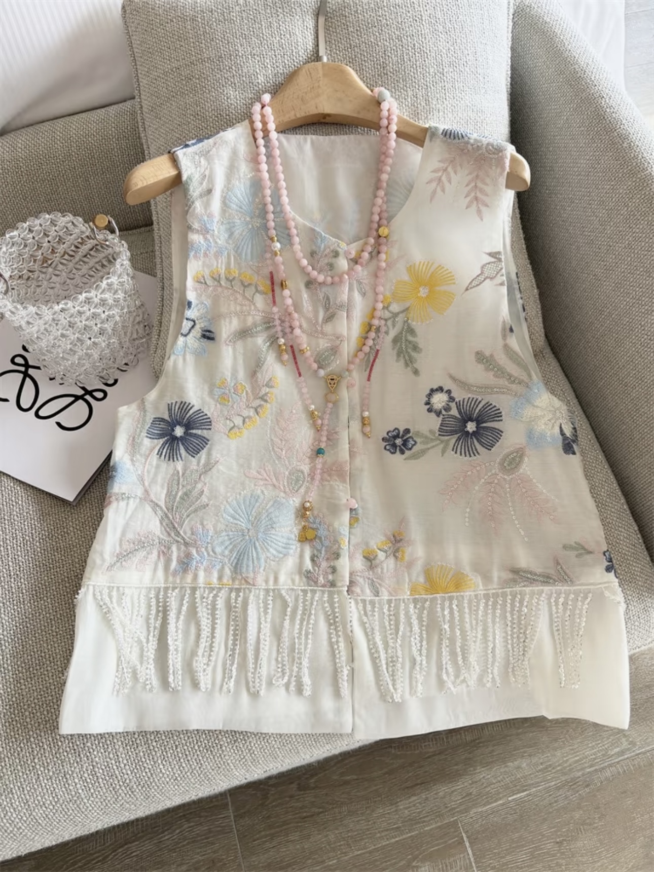 A2037 夏季新款新中式名媛气质重工刺绣亮片流苏洋气欧货马甲上衣