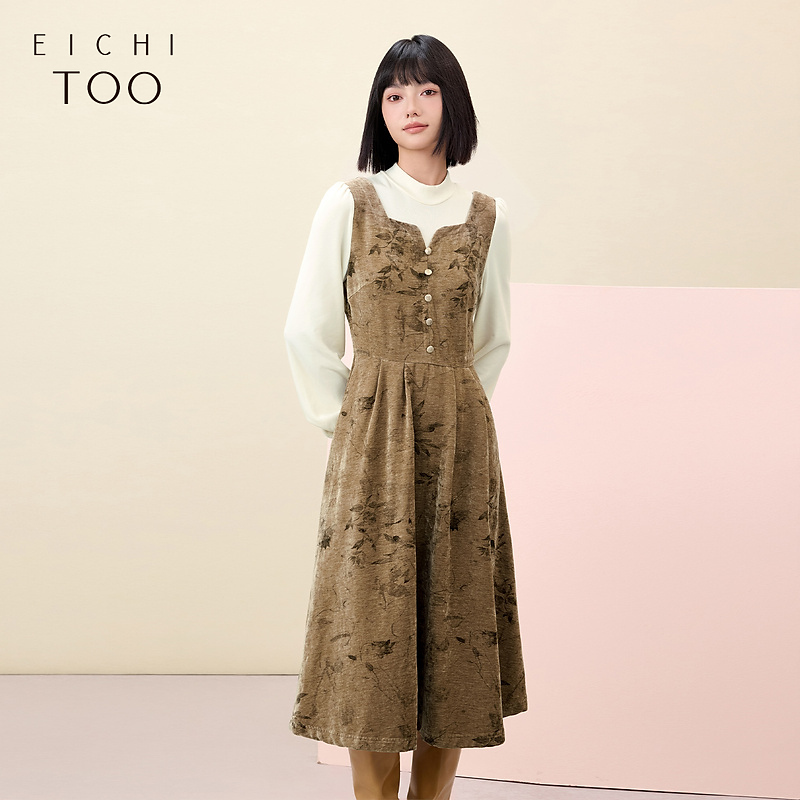 爱居兔女装冬季新中式假两件长袖连衣裙EQLCJ4P010A