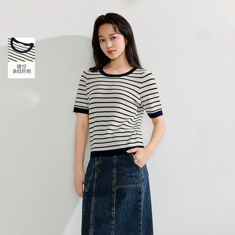 气质镂空条纹薄针织衫2025夏季女装新款休闲撞色圆领短袖上衣