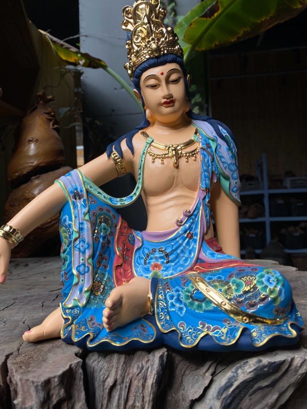 白云石自在观音彩绘家居摆件中式禅意茶室装饰观世音弥勒佛地藏王