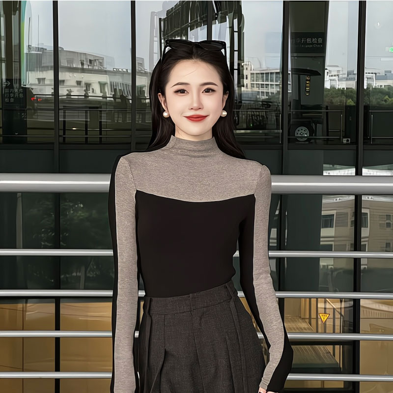 【黑灰腔调】拼接撞色长袖T恤女秋冬新款加绒加厚打底衫上衣9770
