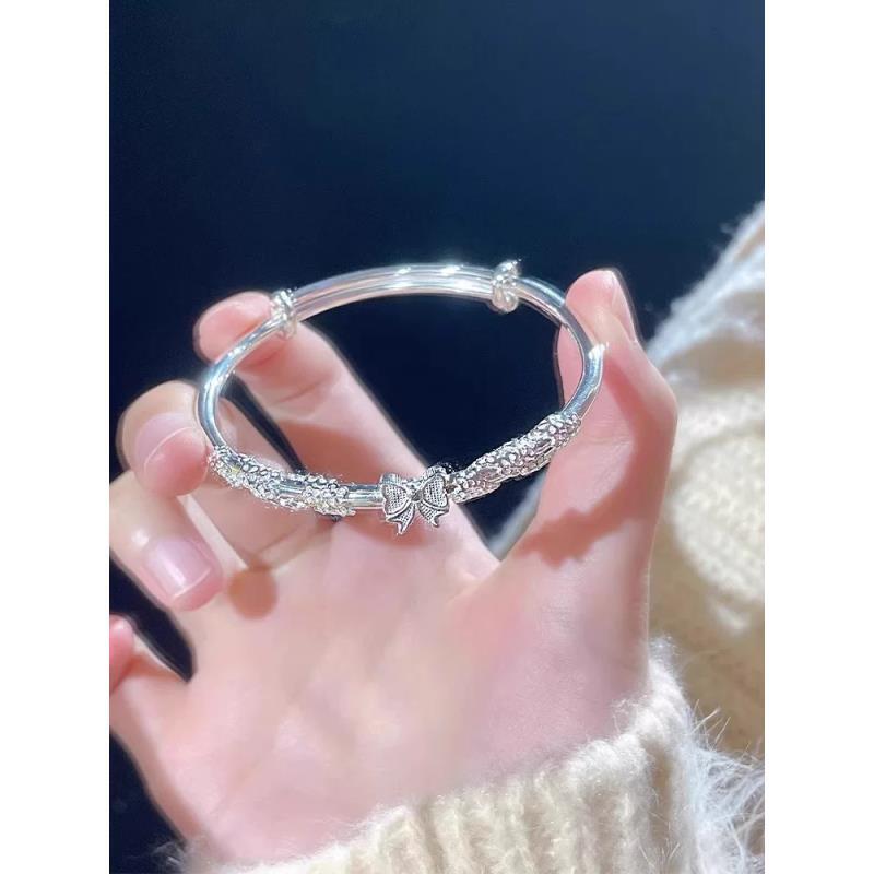 繁花似锦银手镯女纯银蝴蝶结银镯子实心
