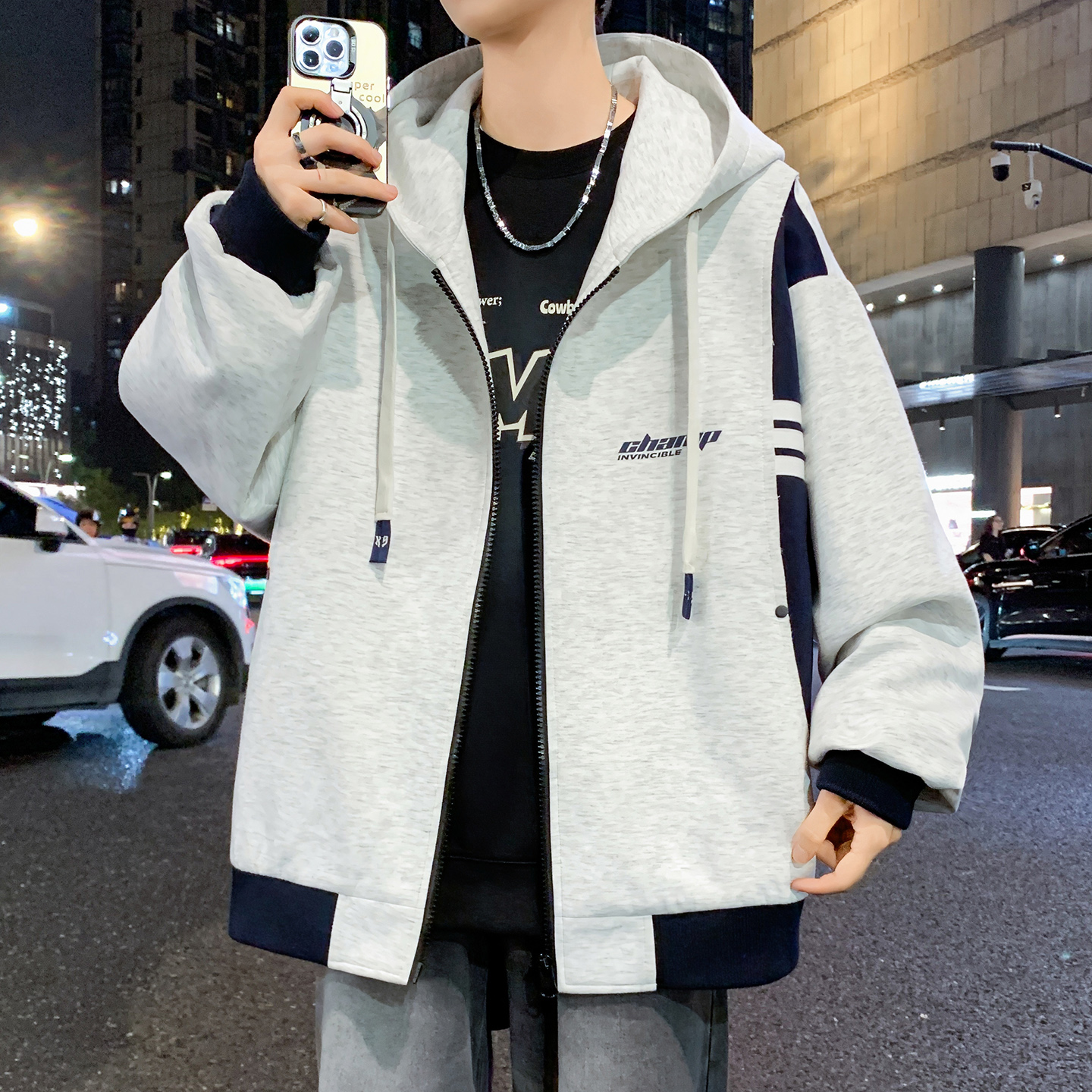 春秋季港风新款青少年宽松百搭男士上衣外套帅气时尚连帽夹克潮流