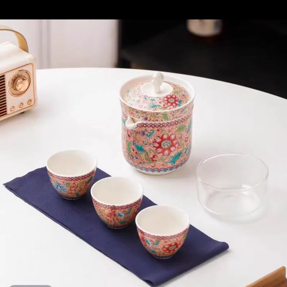 KK0509-粉色珐琅彩旅行茶具