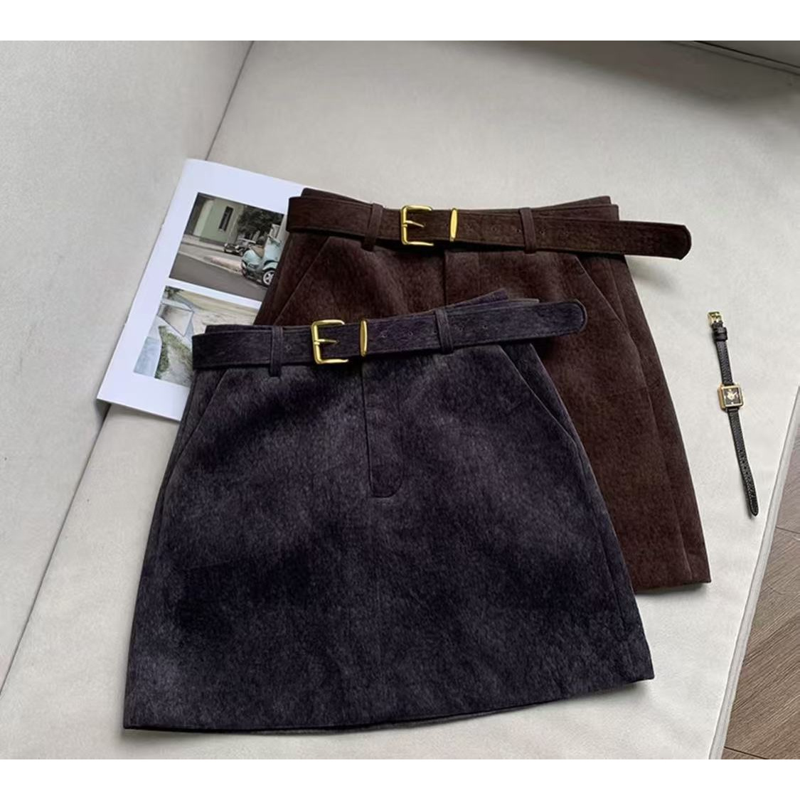 【SAN囍儿】韩版复古水貂绒短裙配腰带修身显瘦A字半身裙90