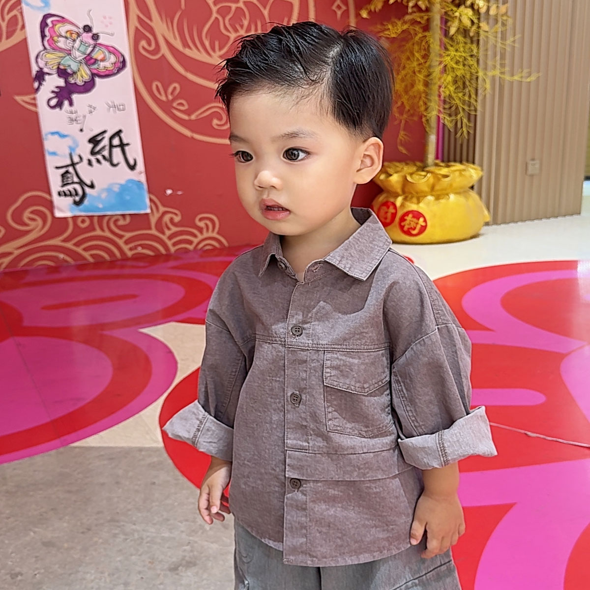 男童长袖衬衫小童宝宝纯色上衣儿童外套2025秋季新款童装韩版时尚