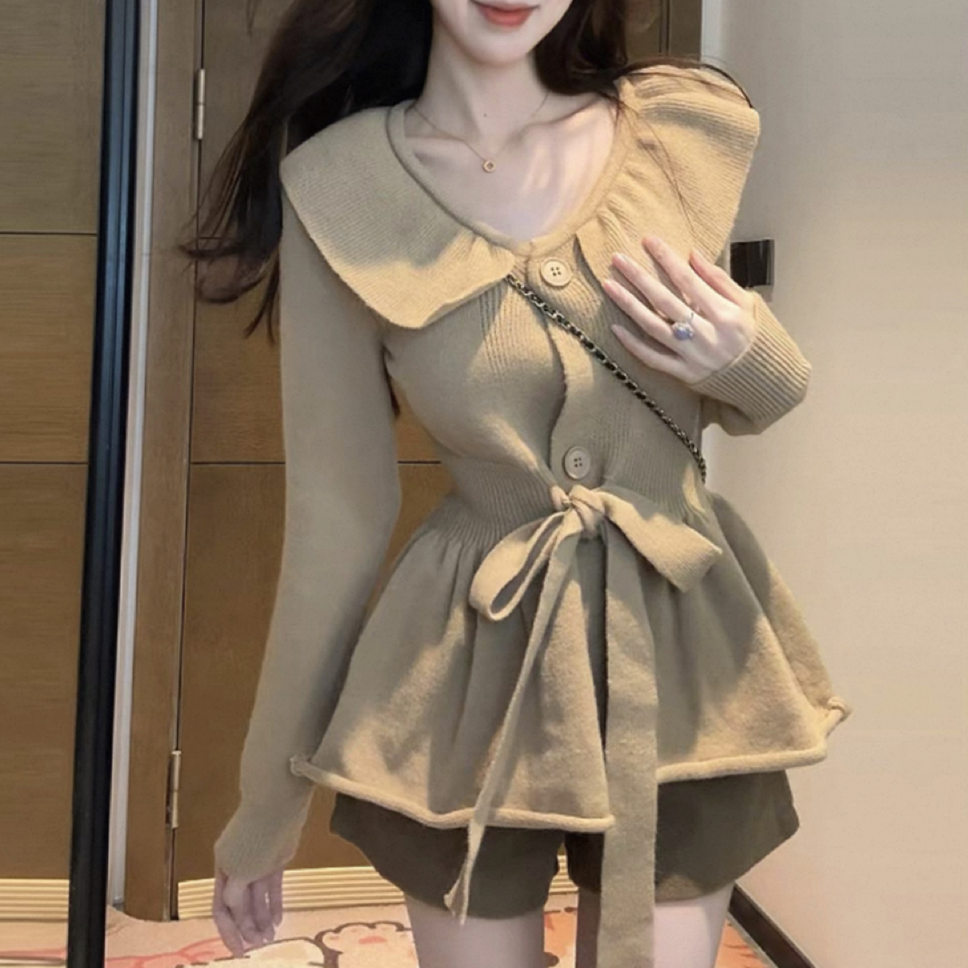 法式荷叶边收腰系带针织衫女秋冬显瘦气质高级感软糯长袖上衣