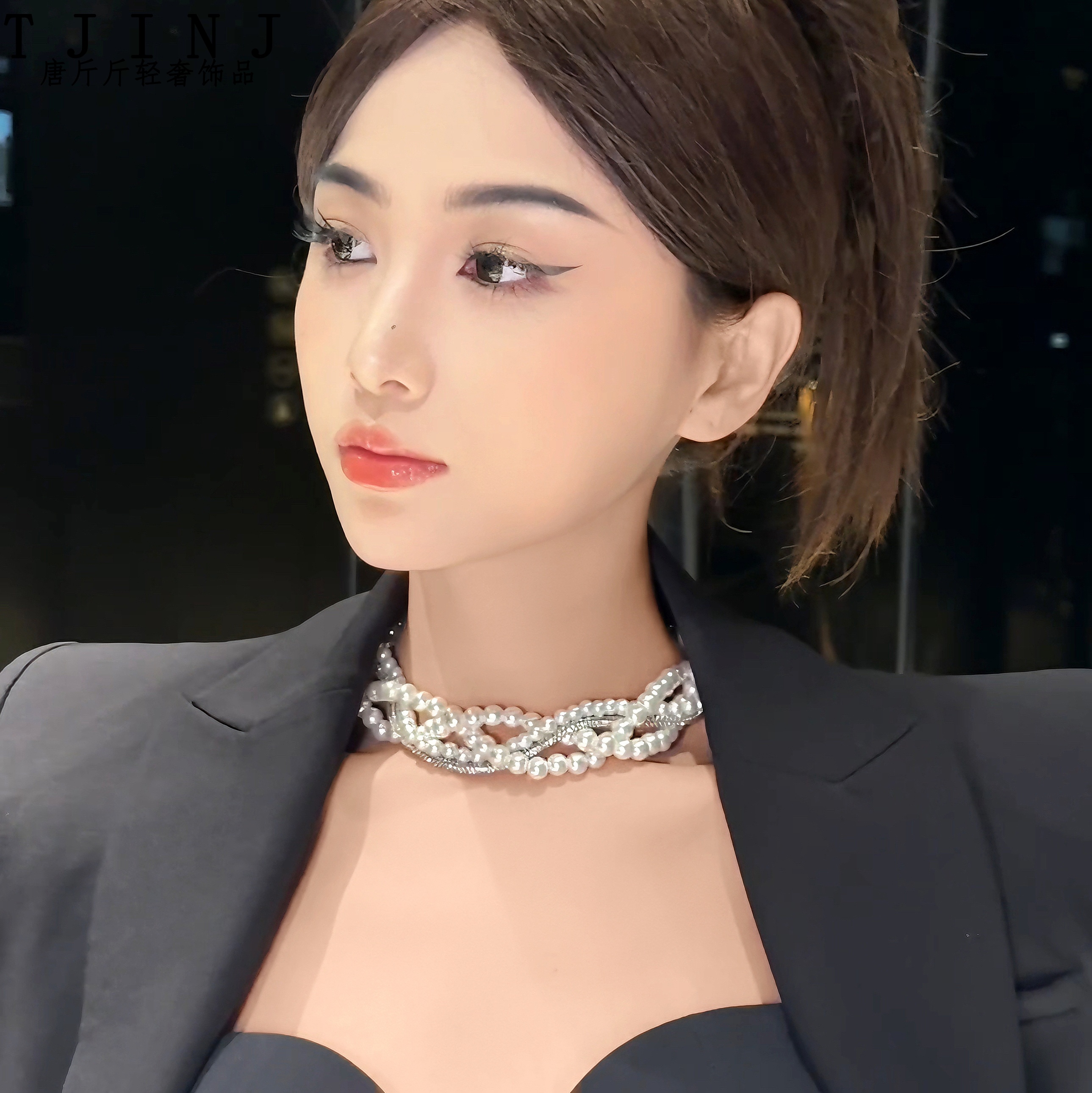 铜合金项链 【命中注定】法式复古项链贝珠多层锁骨链choker