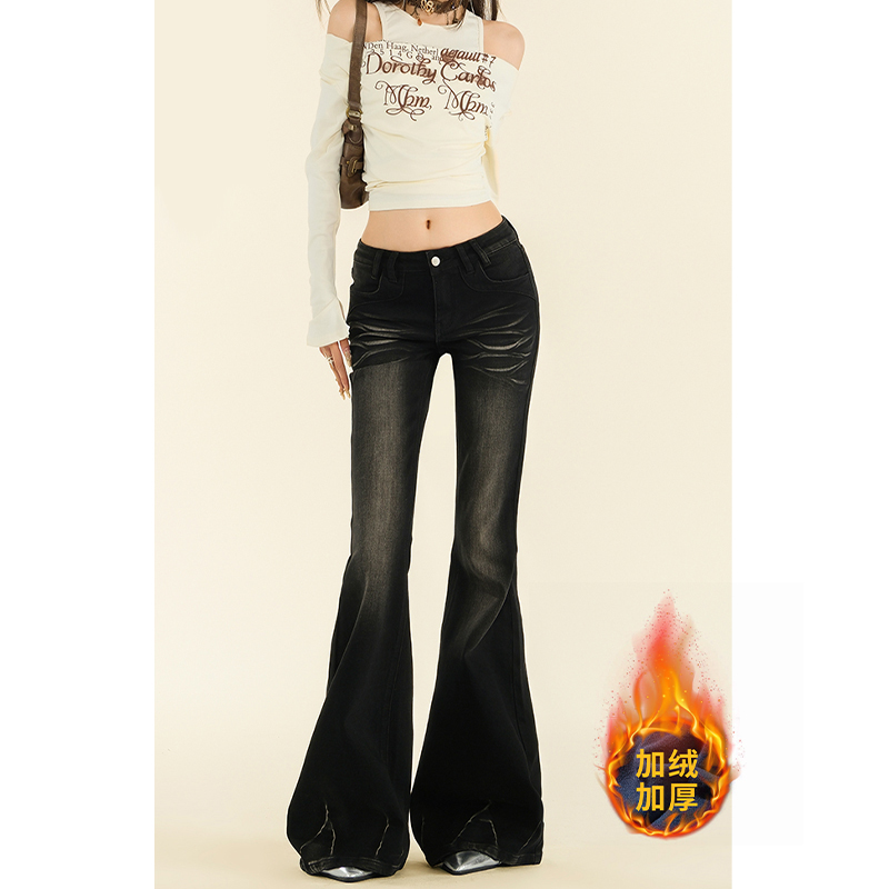 美式黑色修身微喇叭牛仔裤女秋冬加绒加厚辣妹设计感高腰马蹄裤子