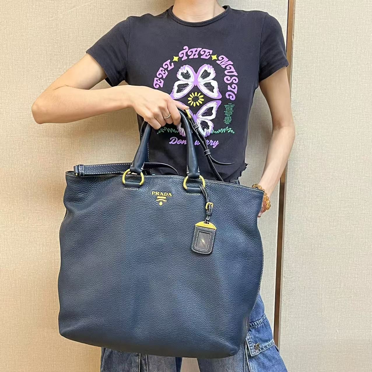 95新 Prada/普拉达 蓝色全皮托特单肩手提包/云海优选/H22905