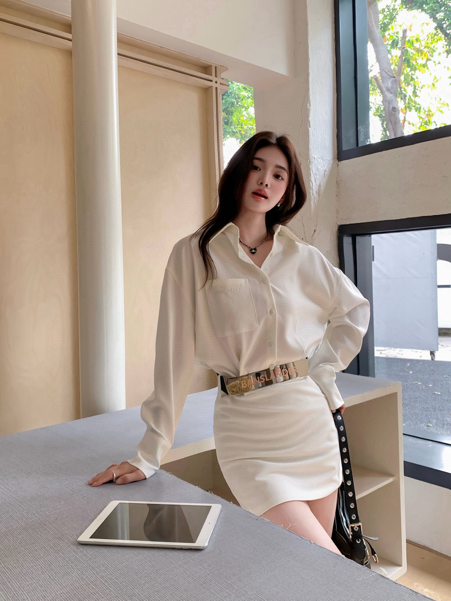 【Banslander】2025春夏新款金属腰带衬衫包臀连衣裙（赠金属腰带）