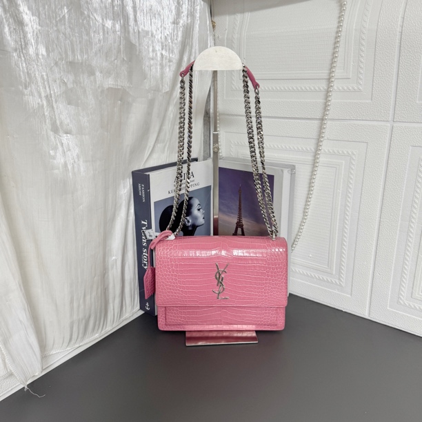 95新 YSL/圣罗兰 粉色鳄鱼压纹日落单肩斜挎包
