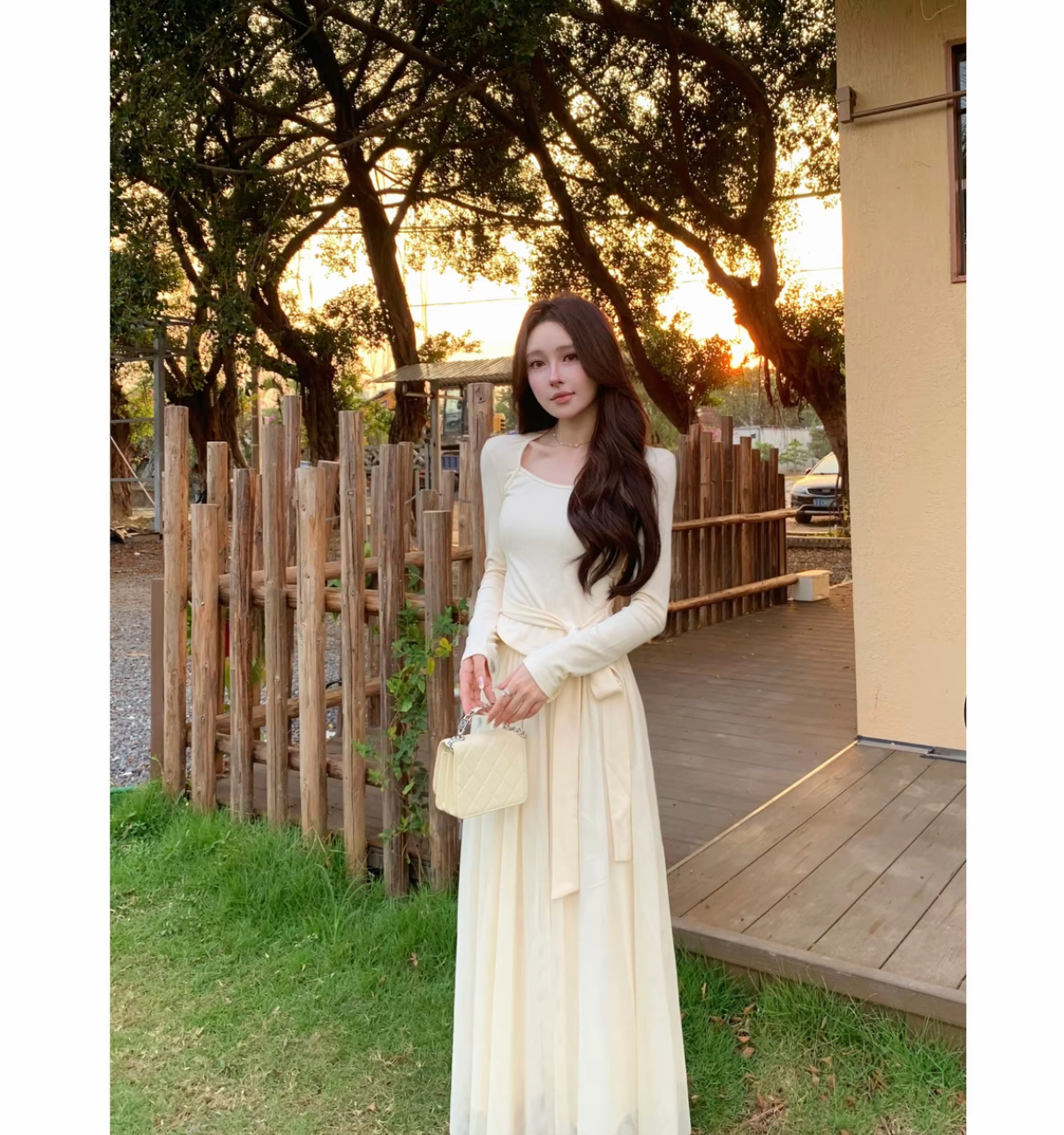 裙子连衣裙长裙拼接显瘦法式秋季女装不规则领半身裙套装
