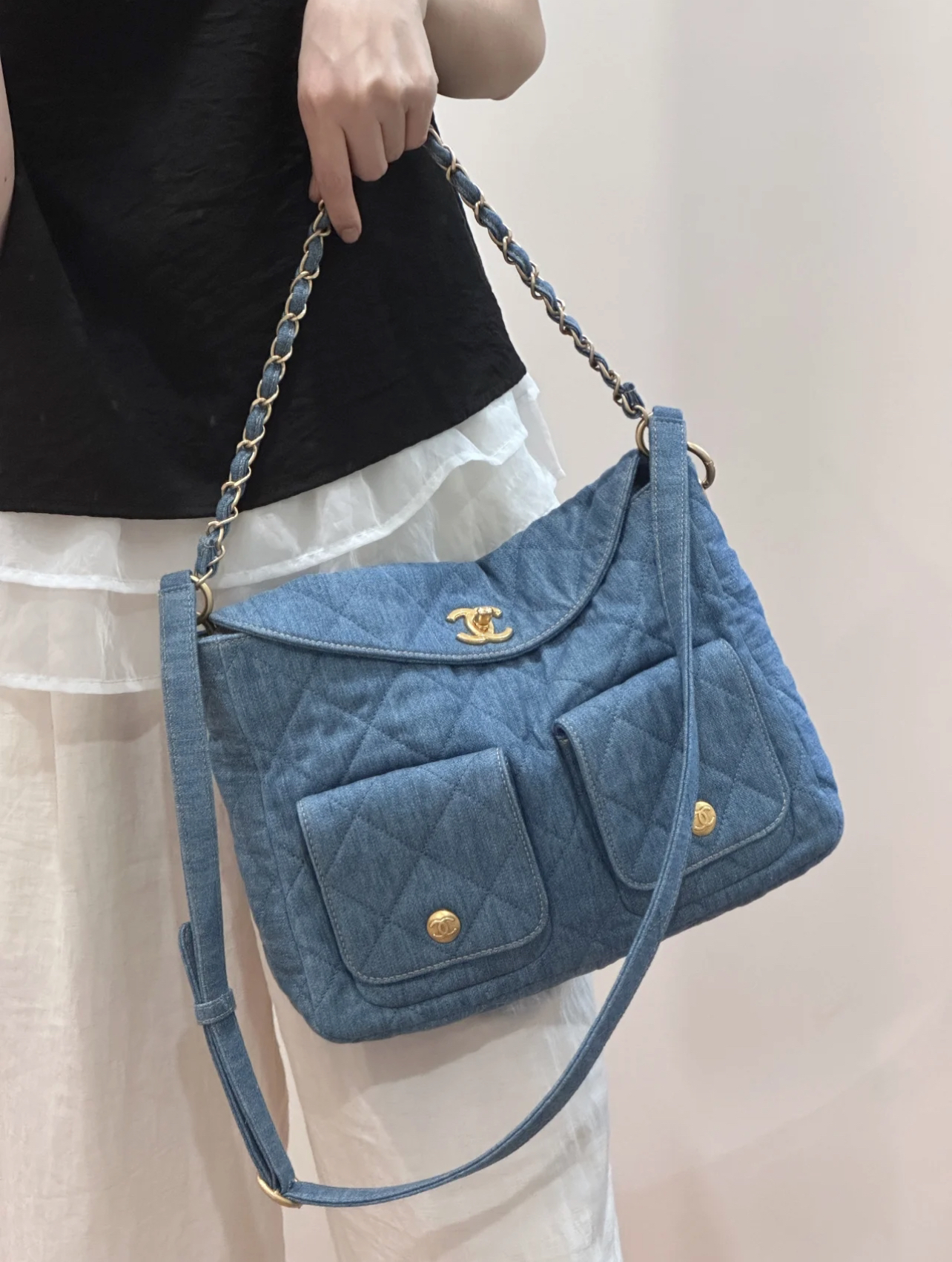 95新 Chanel/香奈儿 25牛仔单宁多口袋邮差包hobo 
