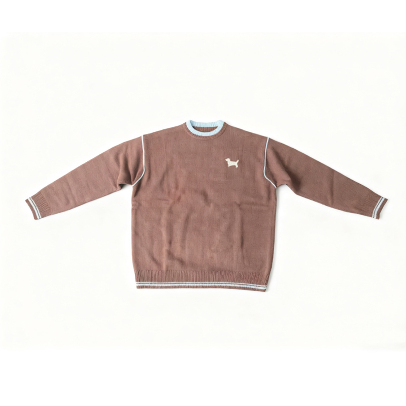 秋季拼接假两件圆领小狗设计时尚情侣套头针织衫撞色毛衣C2924