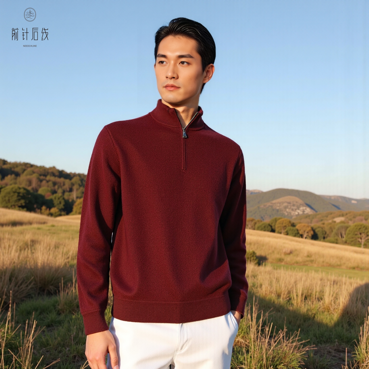 【Baby小山羊绒】康赛妮纱线100%纯羊绒男款精纺半高领拉链长袖打底
