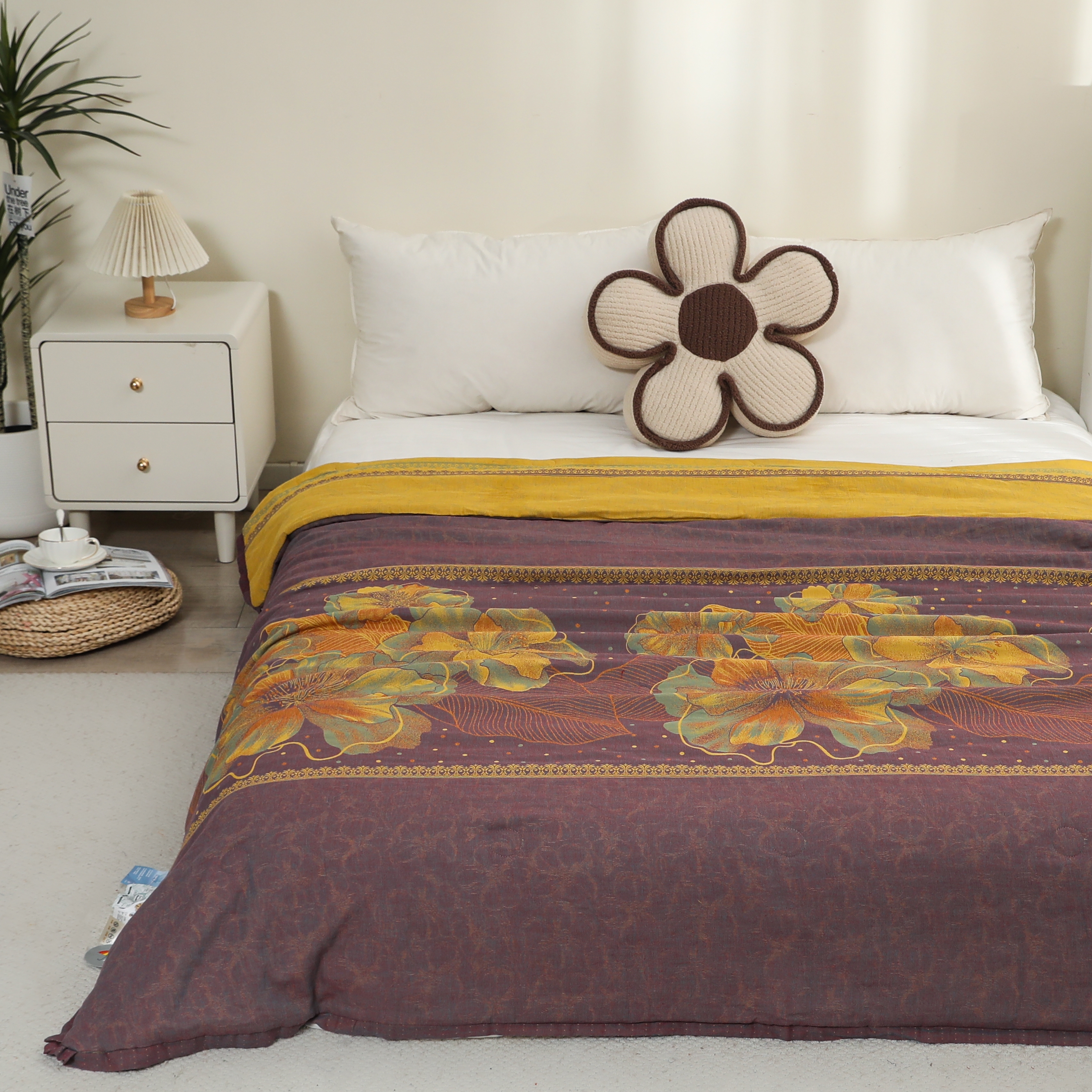 花开吐蕊200*230cm高定加厚轻奢驼绒蛋白双层纱双人冬被