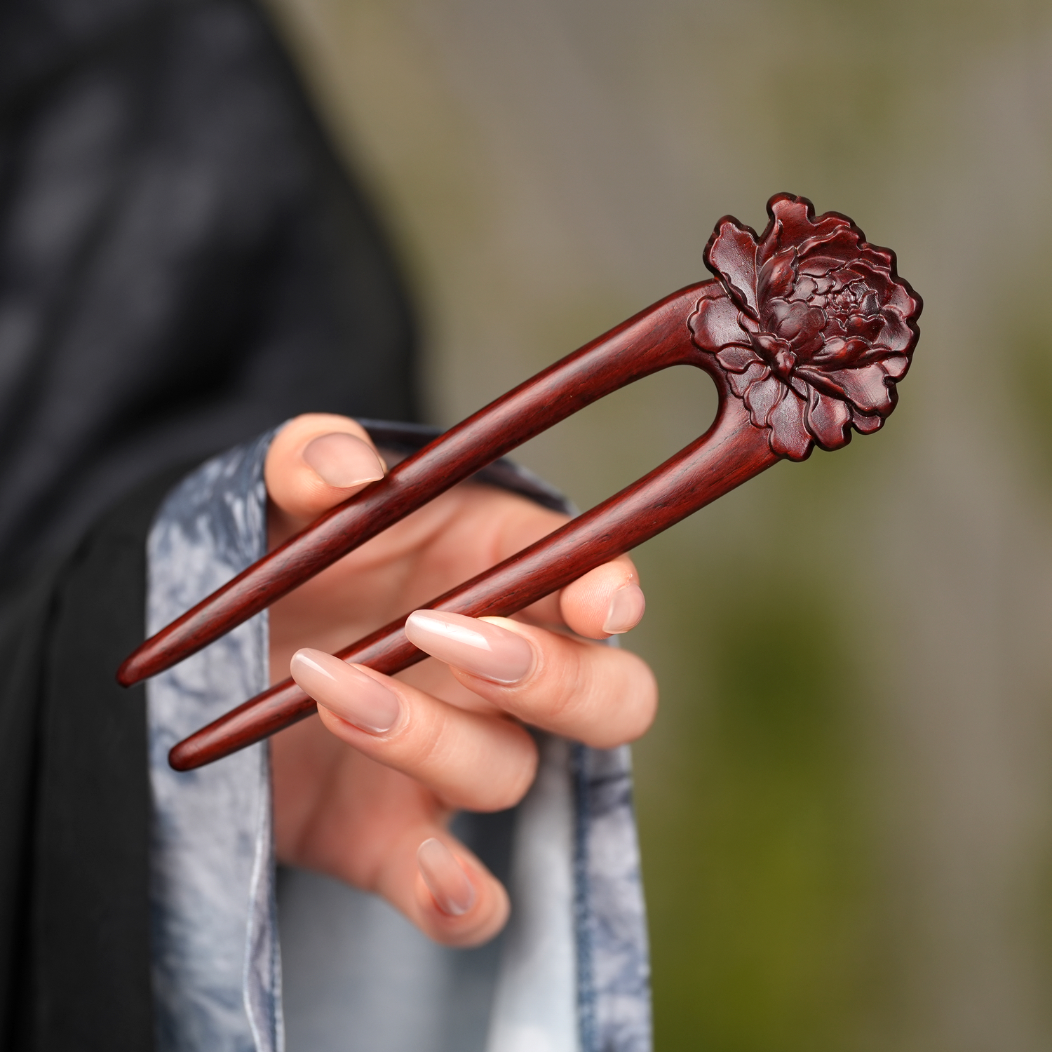 【牡丹】新中式牡丹花紫檀木发簪汉服配饰U形木质簪子古风大气发钗