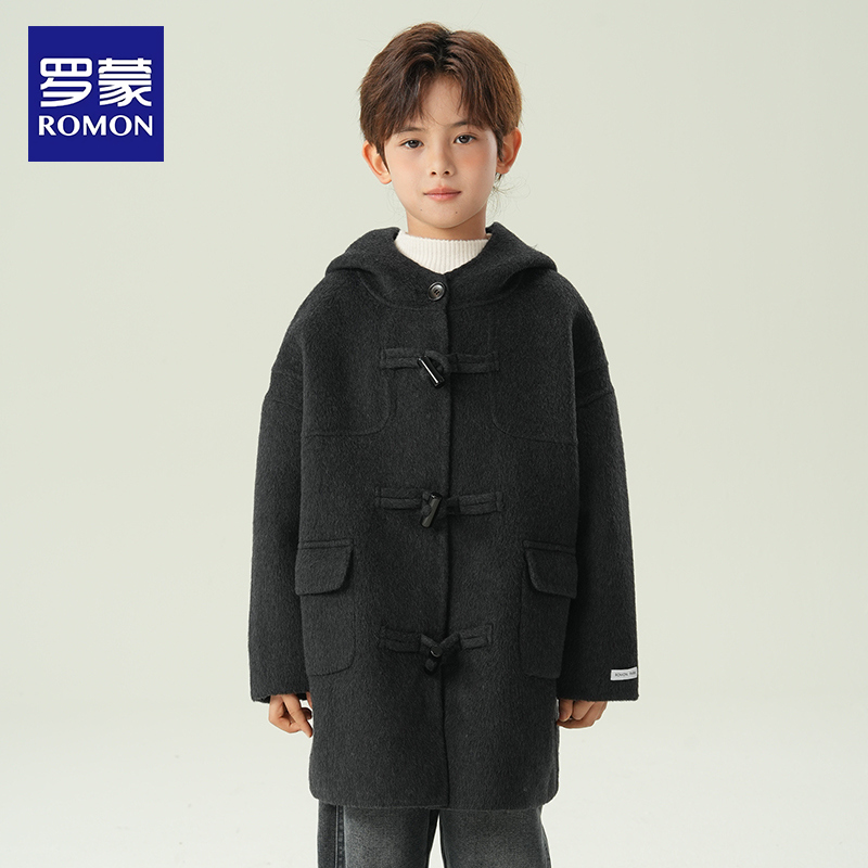 罗蒙男童双面羊毛大衣2025秋冬新款儿童牛角扣毛呢中长款外套韩版