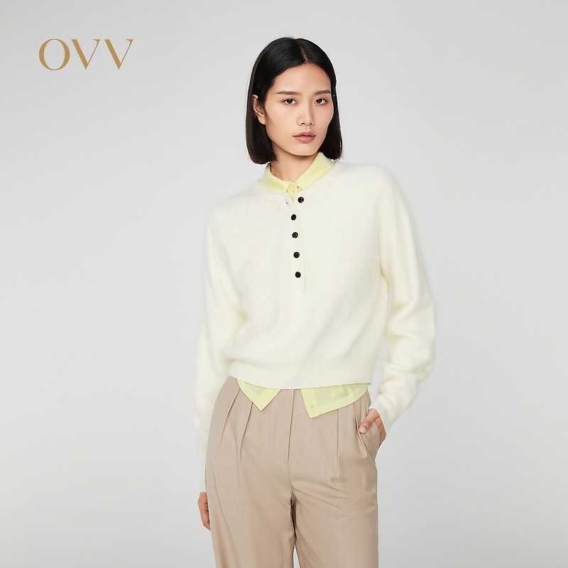 OVV秋冬新款女装轻盈羊绒拉毛半开襟休闲长袖针织衫