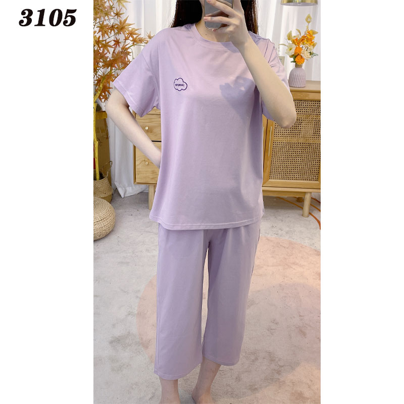  【95棉】女款 拉架棉 圆领 短袖八分裤【紫色】纯色白云 -3105-C