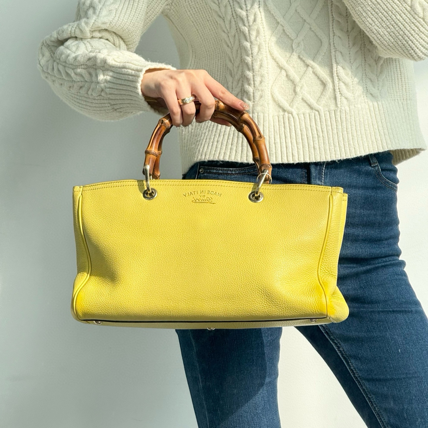 95新 GUCCI/古驰 gucci柠檬黄限量竹节手提包