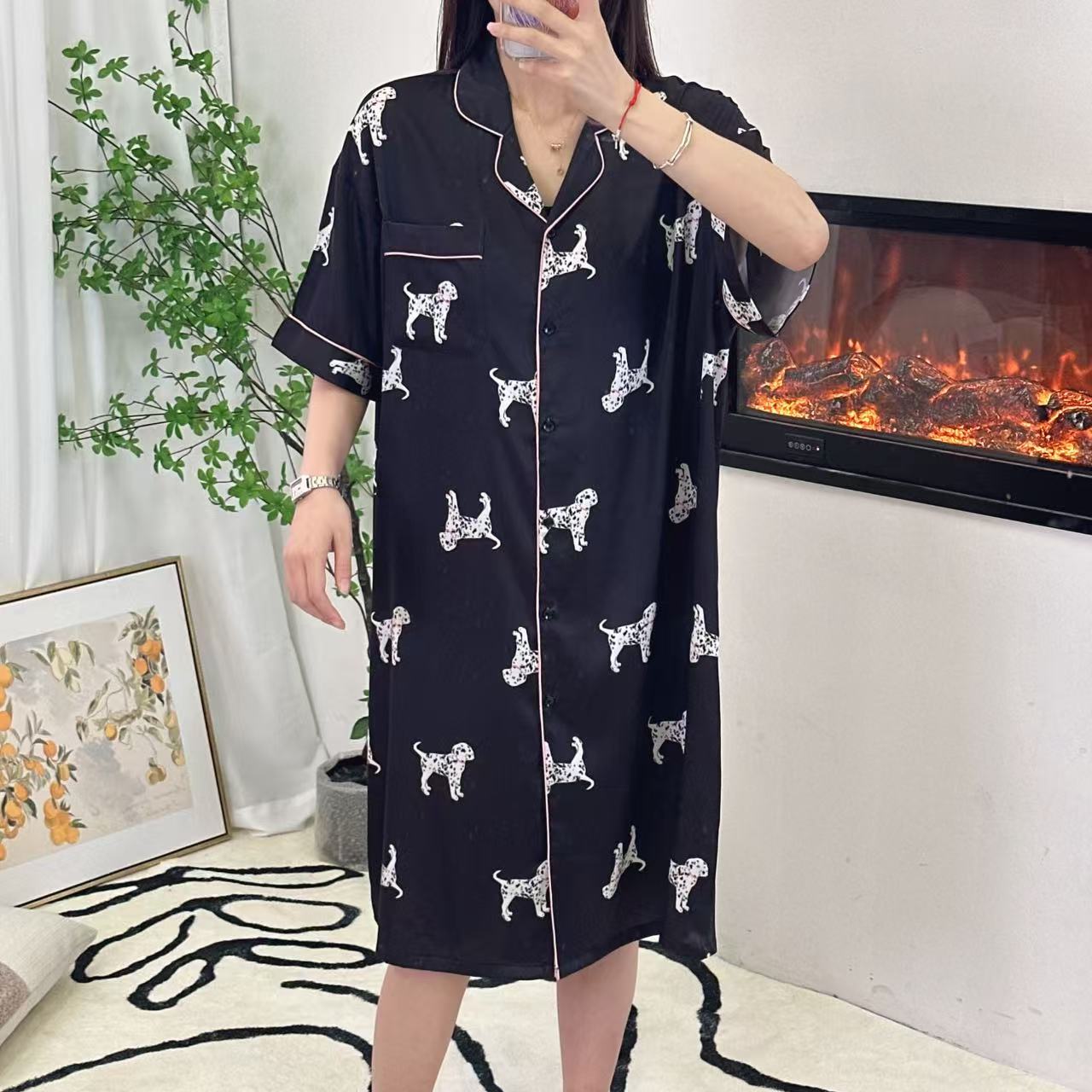 2025新款冰雪丝睡裙女夏季轻奢短袖简约衬衣高级感中长睡衣家居服