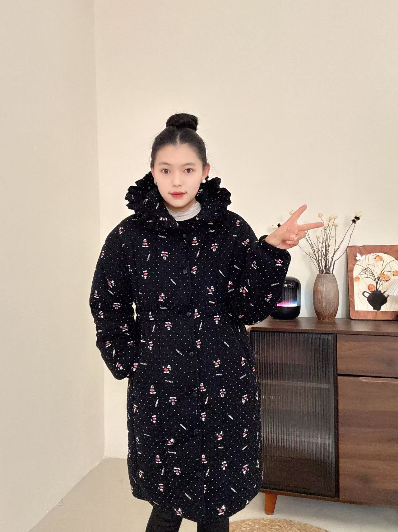【点点米奇】300g新疆棉收腰花边帽宽松家居服女保暖棉衣棉服