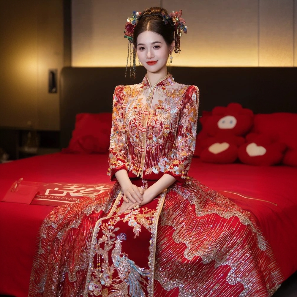 秀禾服2025新款中式婚服结婚丝绒新娘嫁衣礼服重工修身出阁服夏季