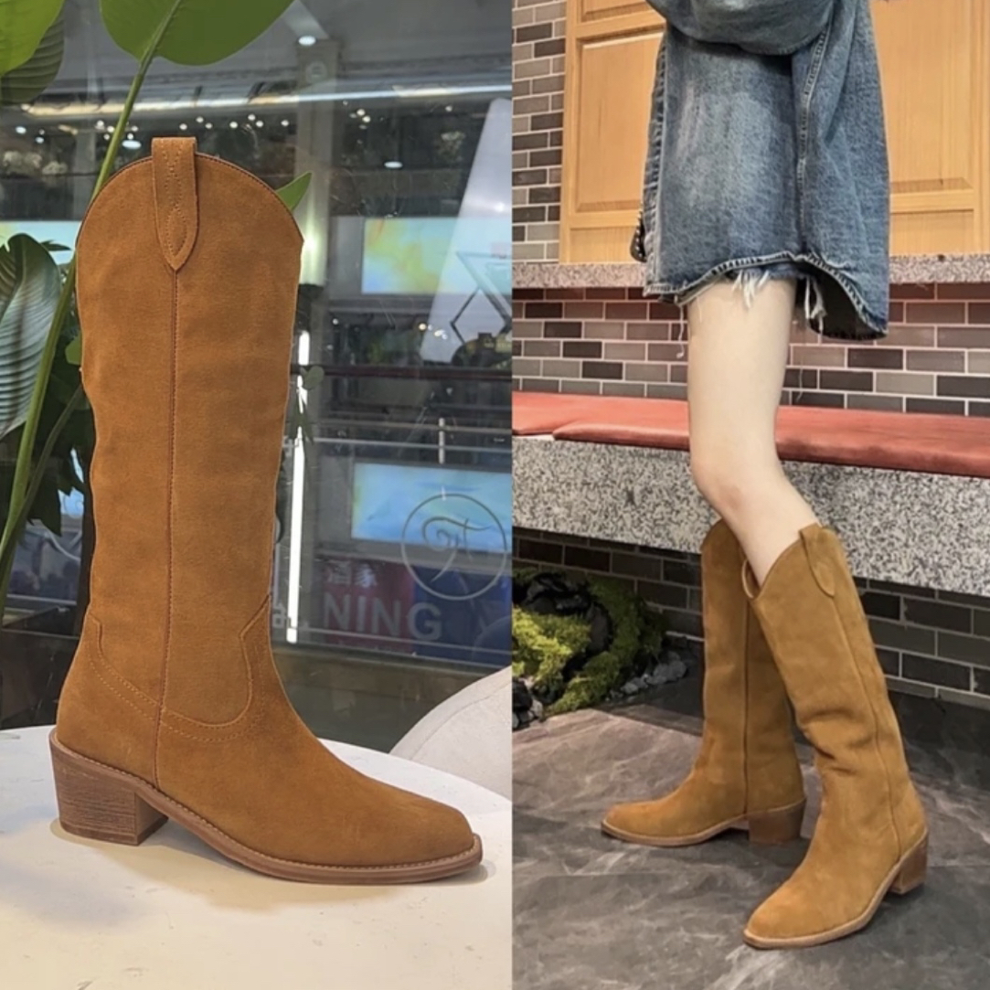 福利款女款西部靴尖头长靴黄棕色真皮牛皮单里户外厚底微瑕