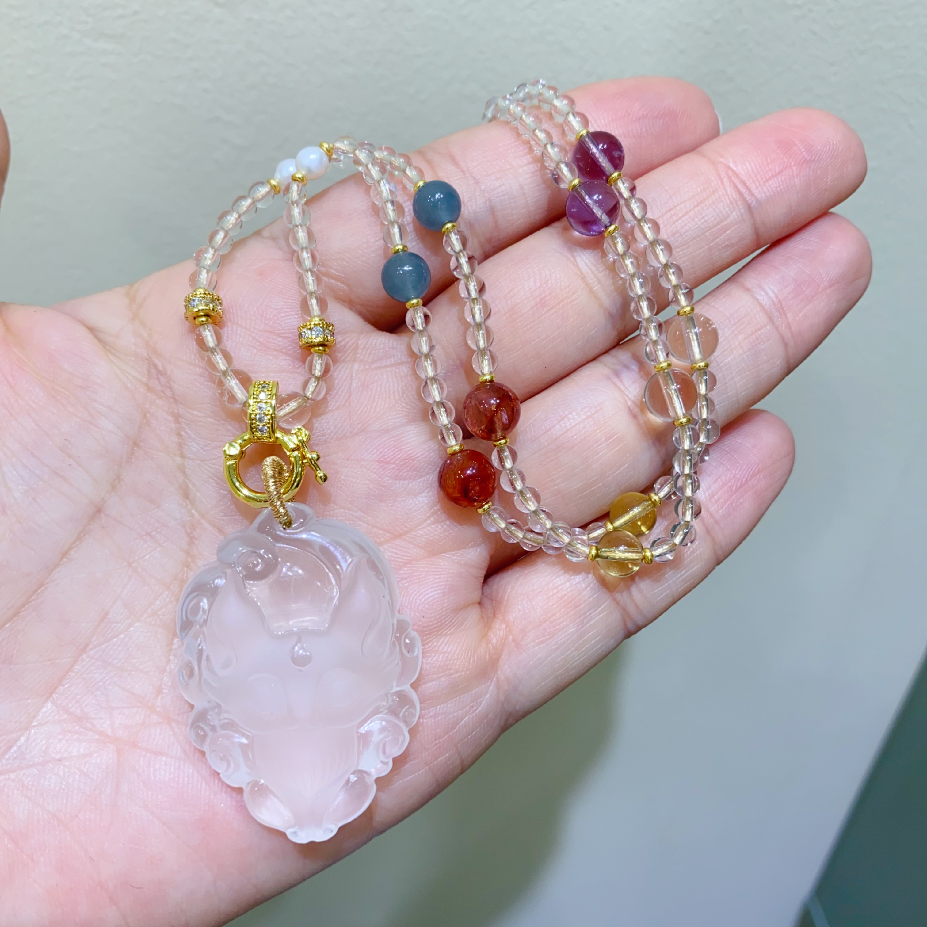 精品精品天然白水晶九尾狐如意狐大耳朵狐狸吊坠项链毛衣链小巧女