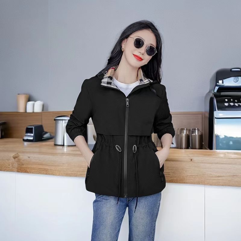 176361英伦风2025新款春日简约纯色连帽短款女装修身长袖夹克风衣