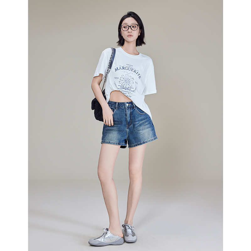 A美洋MEIYANG 小雏菊T恤丝柔棉圆领休闲撞色做旧印花宽松短袖上衣