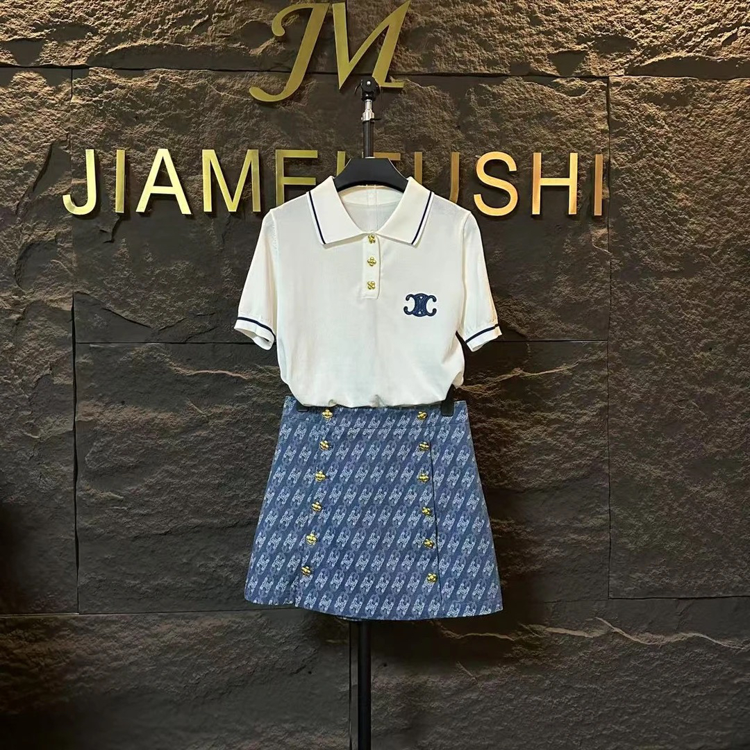 （现货）新款白蓝针织上衣翻领拼接牛仔短裙显瘦套装1265