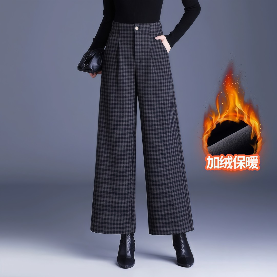小个子阔腿裤女加绒加厚千鸟格外穿冬季毛呢高腰显瘦宽松九分裤