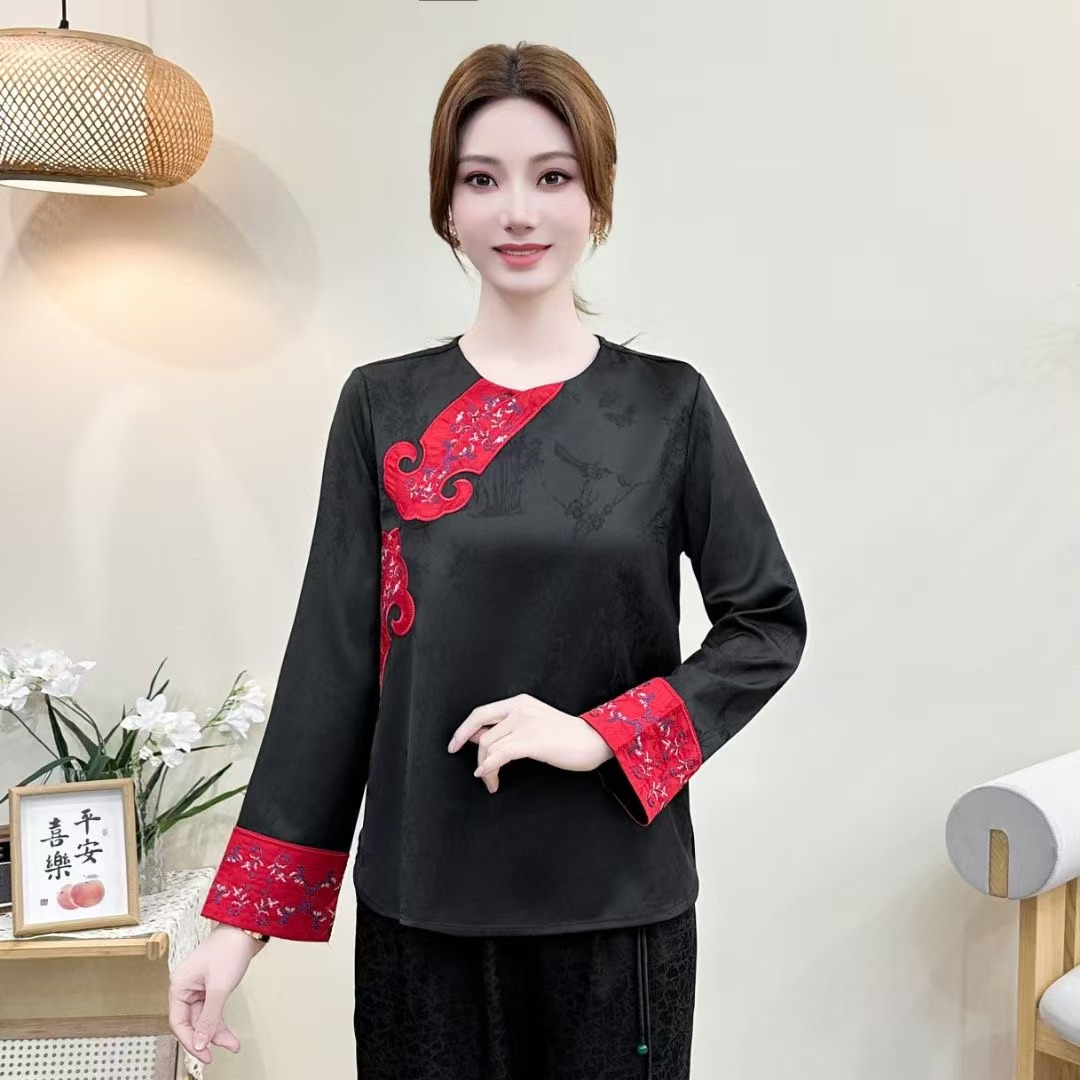 国风复古斜襟拼接刺绣上衣2025中式宽松圆领长袖打底衫