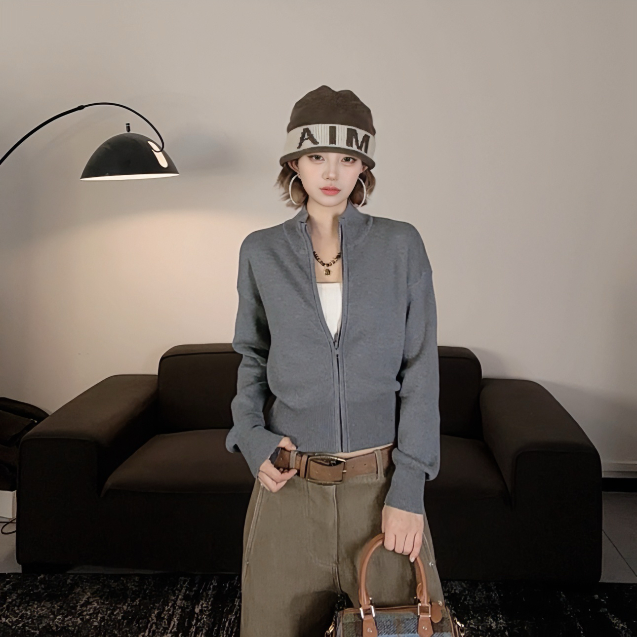 25秋冬新款立领拉链开衫纯色百搭收腰上衣