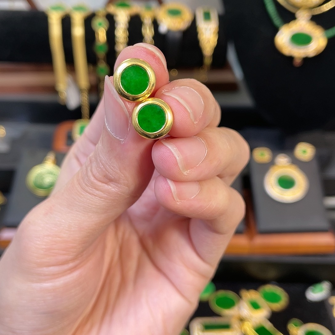 翡翠耳饰银S925镀金镶嵌