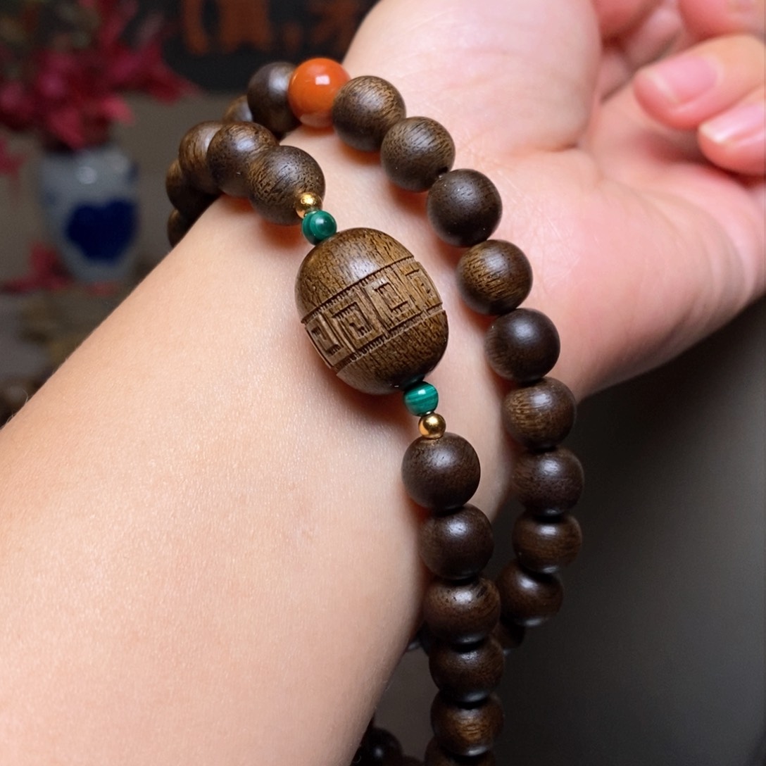 沉香手串越南芽庄古董紫棋楠0.8➕红土沉香木雕设计配饰