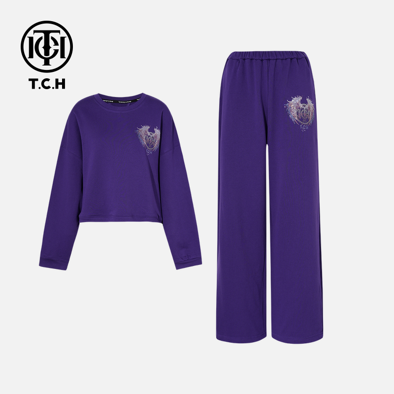 TCH【懒人穿搭】冬款时尚烫钻慵懒风紫色女装卫衣套装T75C07E1008