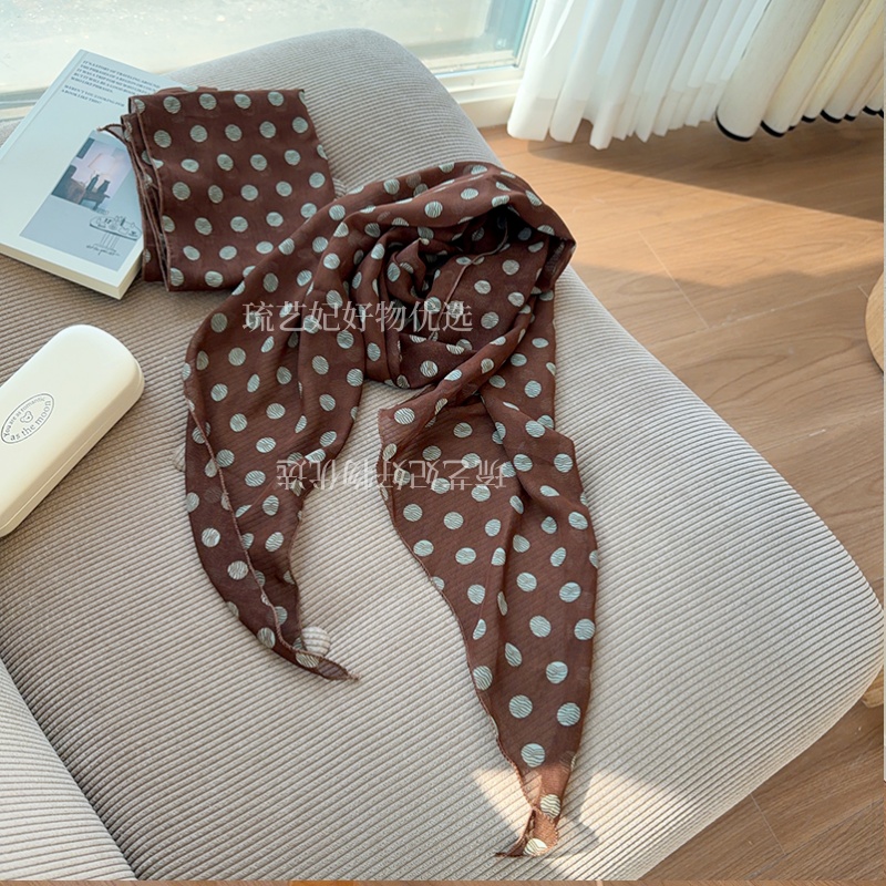 【原版高定款】【尺寸185*28】法式复古棕色波点丝巾女薄款百搭围巾
