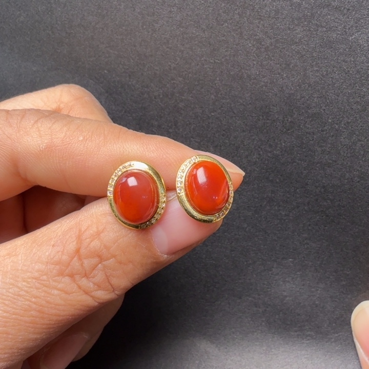 南红玛瑙银S925镀金镶嵌耳饰