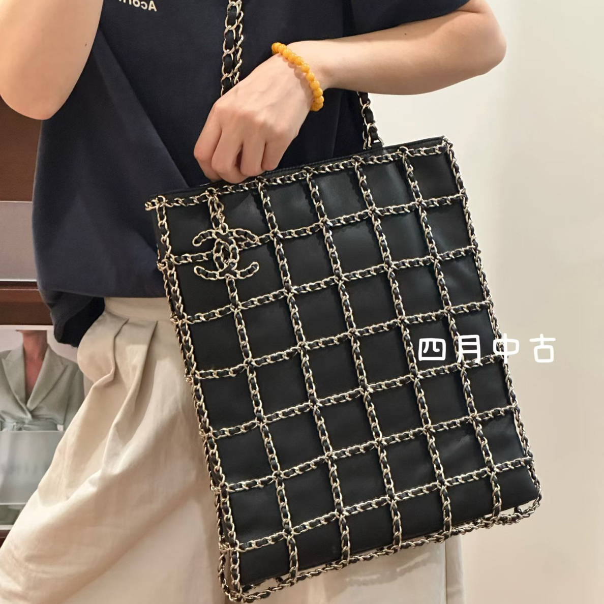 95新 Chanel/香奈儿 黑金滚边大logo竖版琴谱托特包