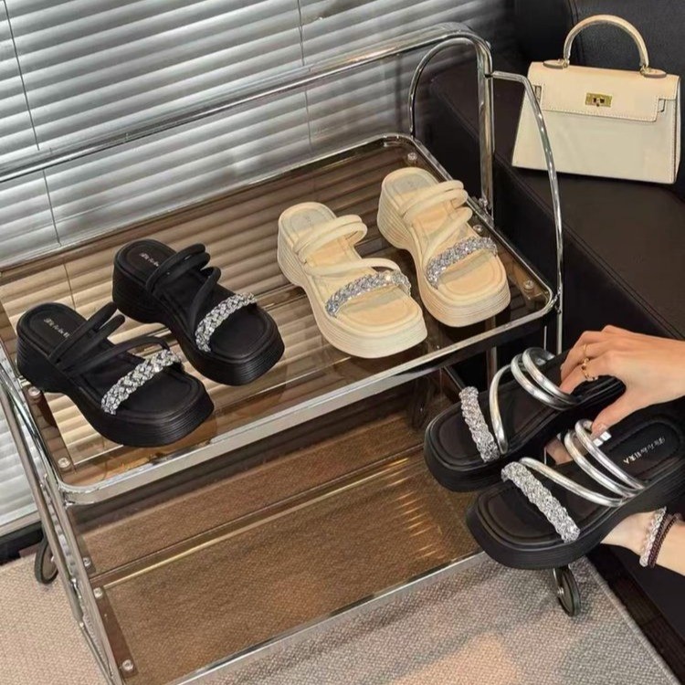 X-厚底拖鞋女2025夏季新款小个子增高仙女风外穿凉拖沙滩一字拖