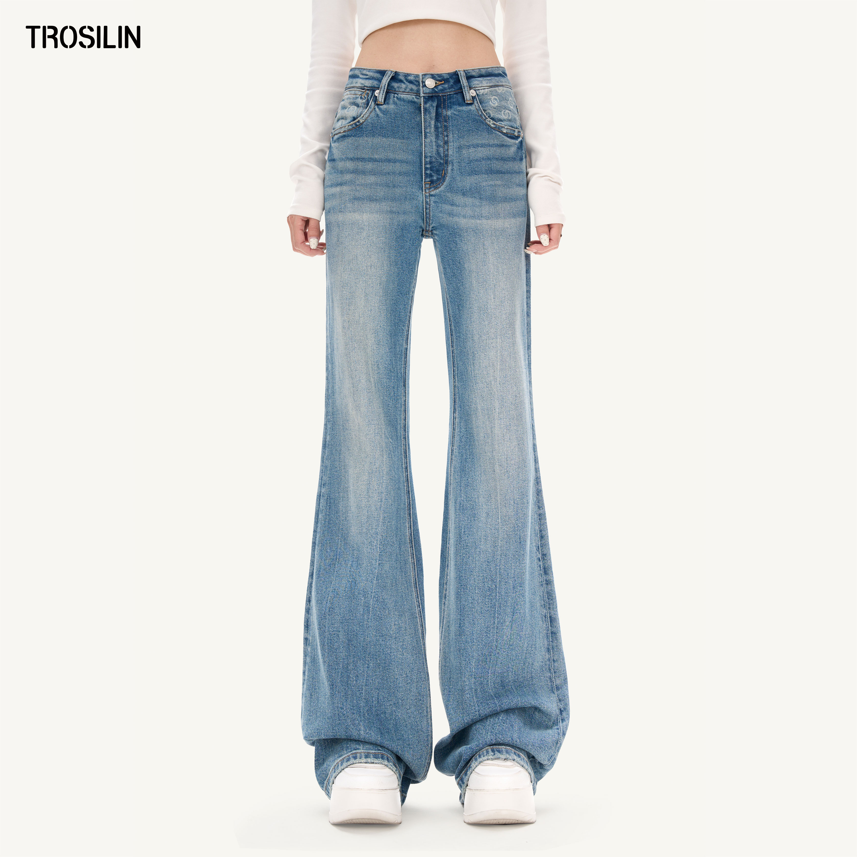 TROSILIN25秋冬 经典满花拼接弹力加厚微喇蓝色牛仔裤A2510JH06BL