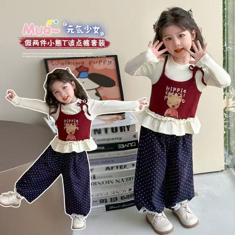 女小童洋气套装春秋款女宝宝假两件上衣秋装小女孩韩版时髦两件套