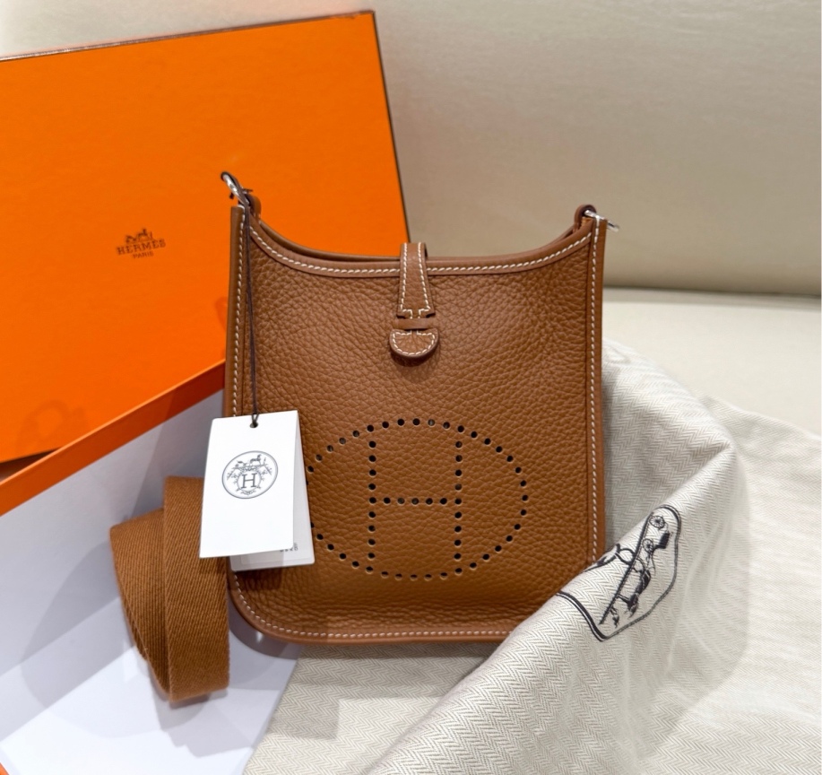 99新 Hermes/爱马仕 伊芙琳金棕银扣mini斜挎包经典W刻99新/包包